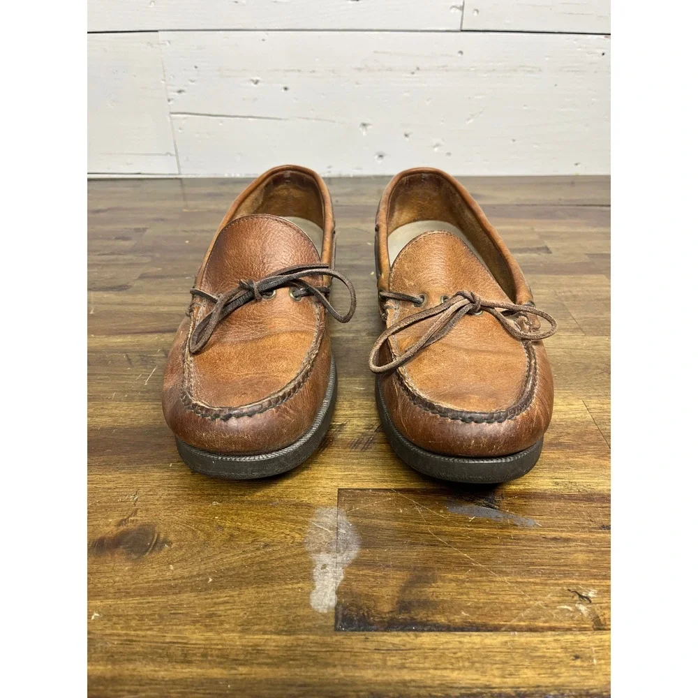 LL Bean Mens Handsewn Camp Mocs Brown Leather Boat Shoes Loafers Slip On